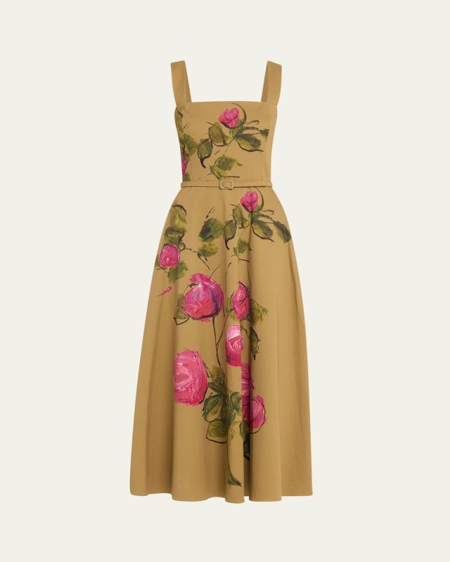 Painted Roses Full Skirt Cotton Twill Dress